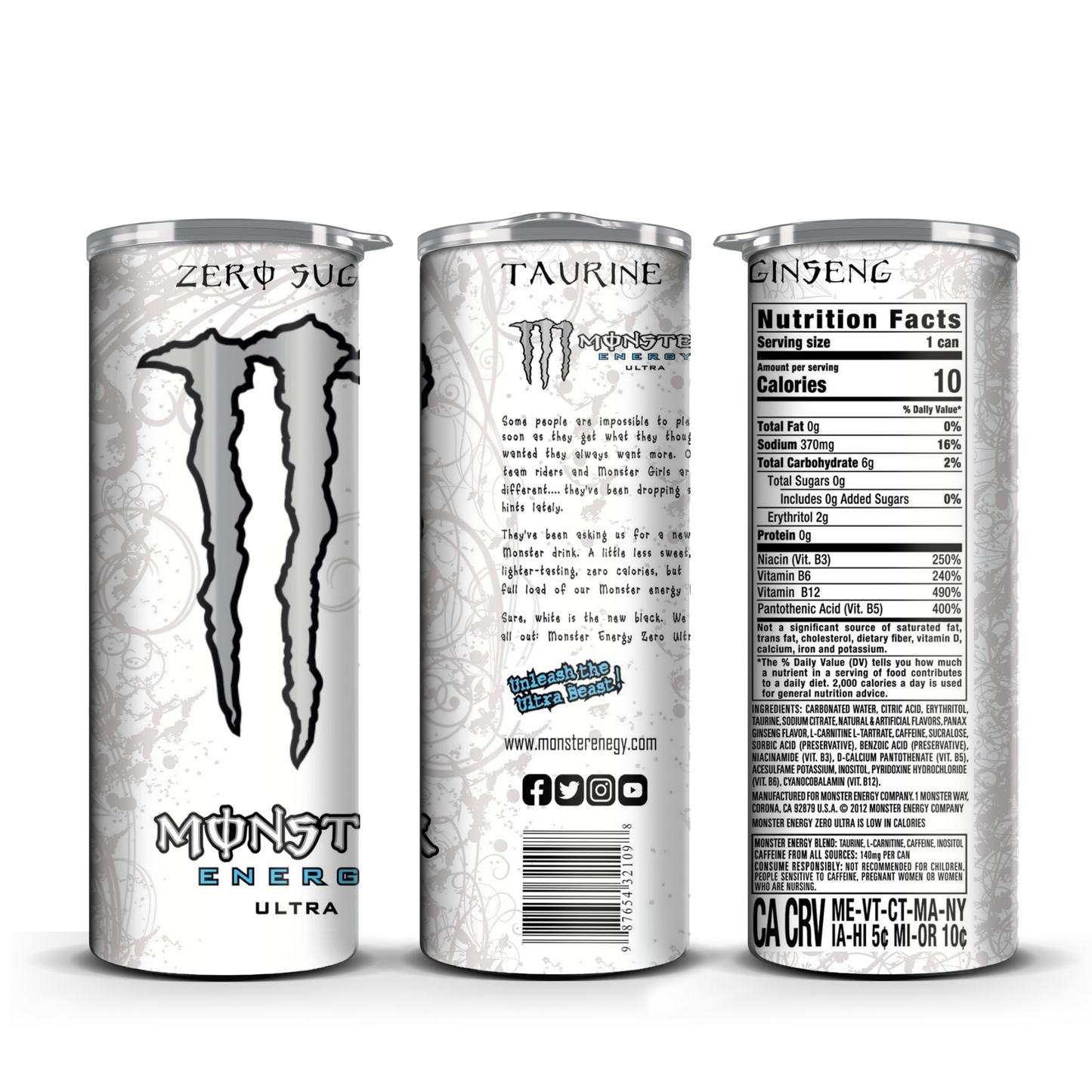 20oz Straight Tumbler Cup with White Monster Energy Design