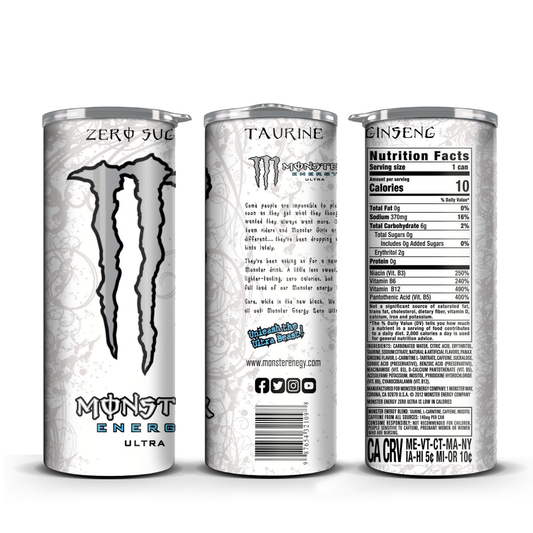 20oz Straight Tumbler Cup with White Monster Energy Design