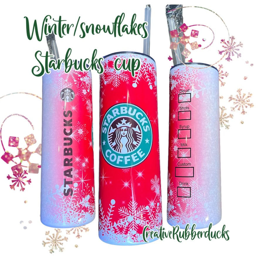 Christmas 20oz Skinny Tumbler Winter Snowflakes Starbucks Double Insulated Hot / Cold